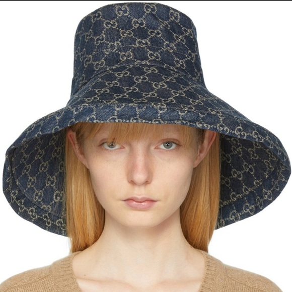 Gucci GG Bucket Hat in Wide Brim Thick Denim Navy Blue Monogram Large - Picture 3 of 16